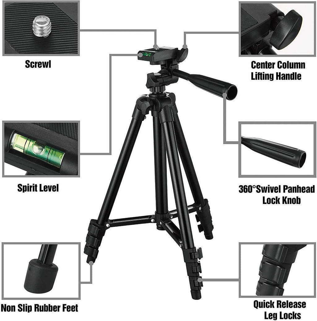 Black aluminium alloy portable camera tripod with extended legs and a 3D head.