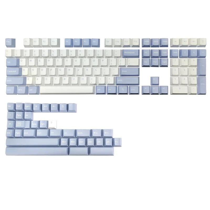 Set of PBT two-colour moulded mechanical keyboard keycaps showing multiple colour options including black, blue, purple, and red.