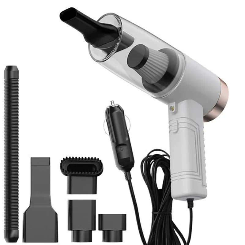 Handheld black car vacuum cleaner with attachments and long cord on a car seat