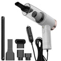 Handheld black car vacuum cleaner with attachments and long cord on a car seat