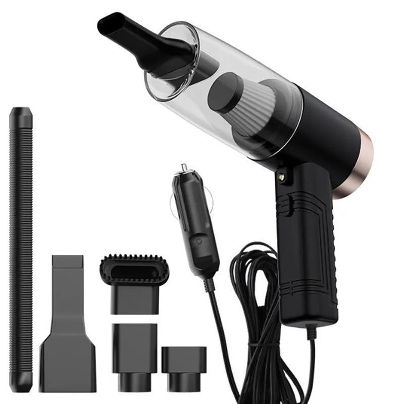 Handheld black car vacuum cleaner with attachments and long cord on a car seat