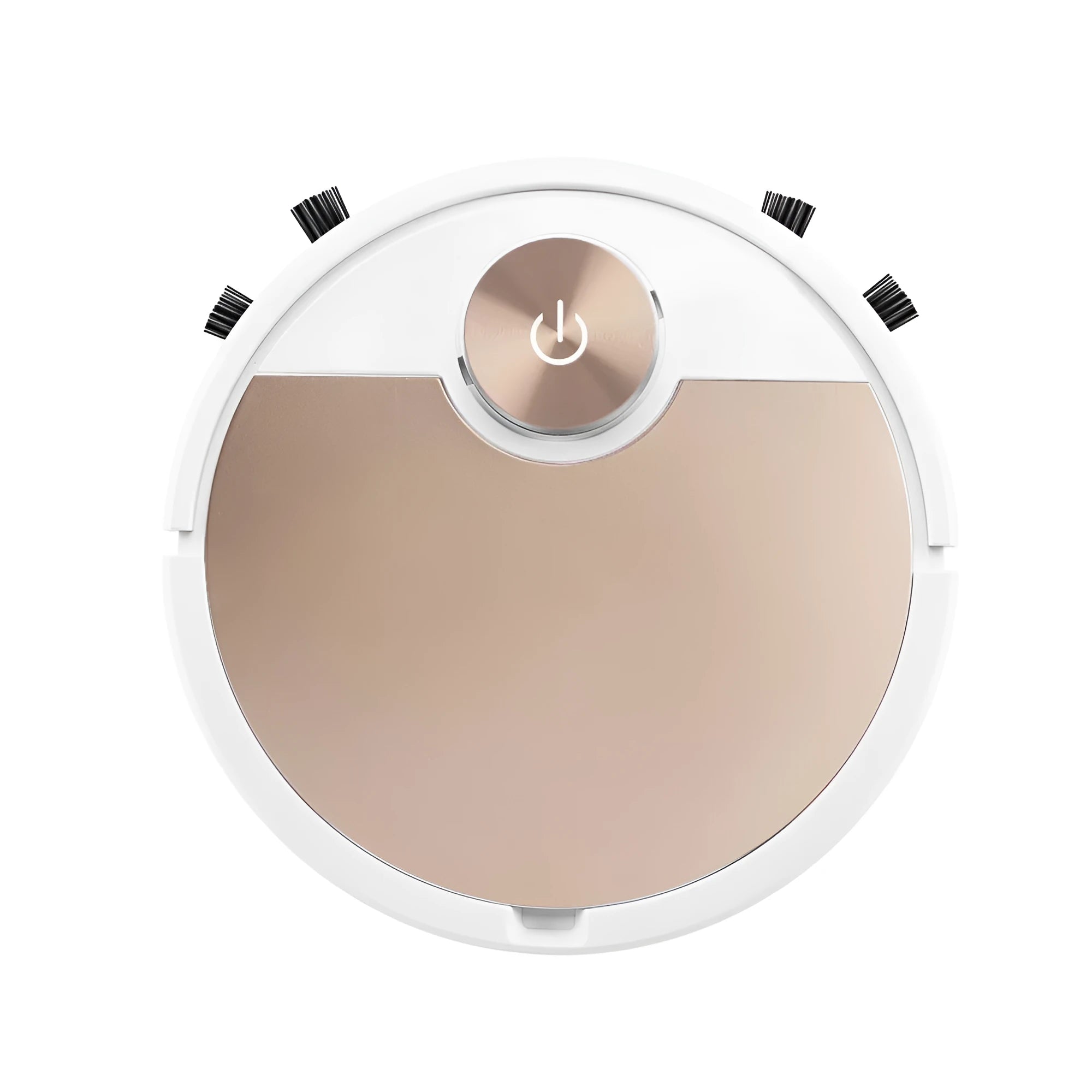 Golden robotic vacuum cleaner with remote control on hardwood floor