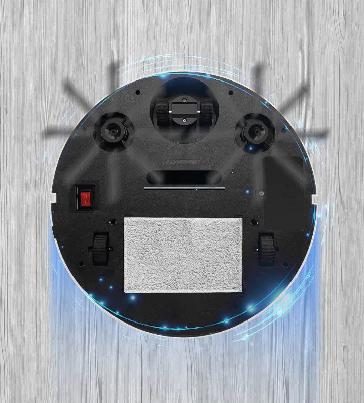 Golden robotic vacuum cleaner with remote control on hardwood floor