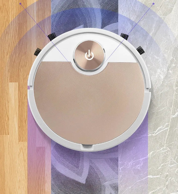 Golden robotic vacuum cleaner with remote control on hardwood floor