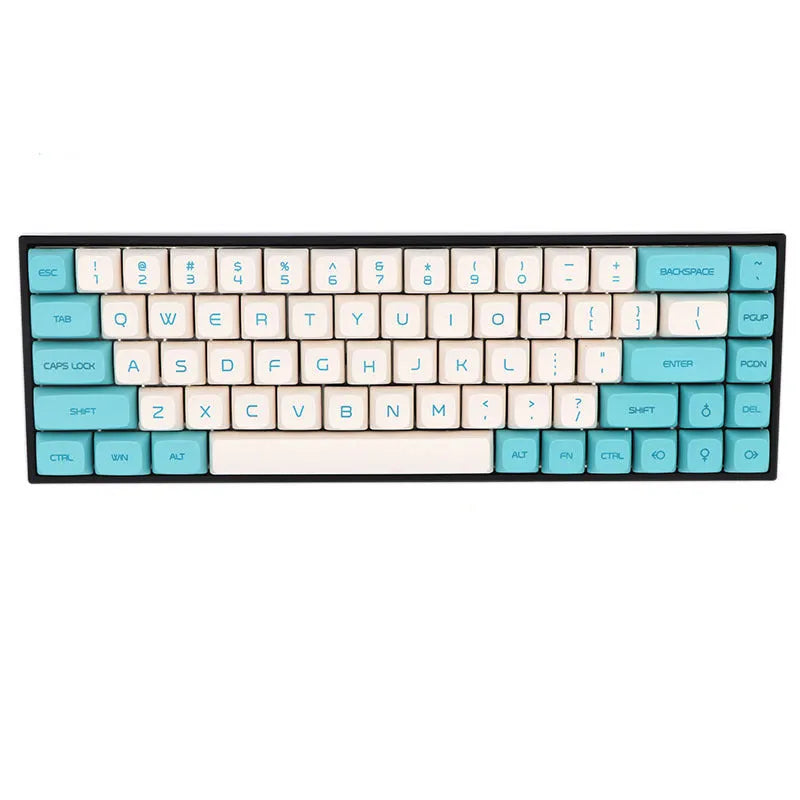 Set of 68 PBT keycaps for mechanical keyboards in various solid colours on a white background