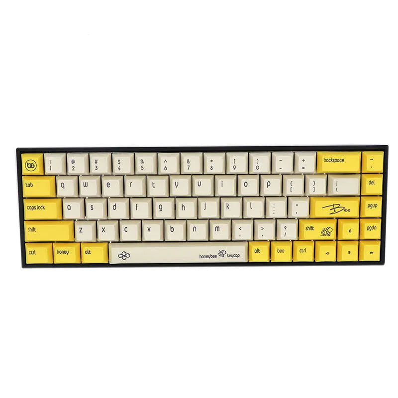Set of 68 PBT keycaps for mechanical keyboards in various solid colours on a white background