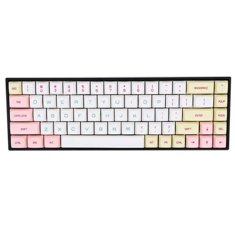 Set of 68 PBT keycaps for mechanical keyboards in various solid colours on a white background
