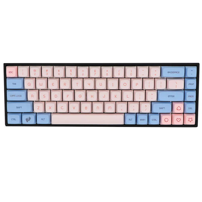 Set of 68 PBT keycaps for mechanical keyboards in various solid colours on a white background