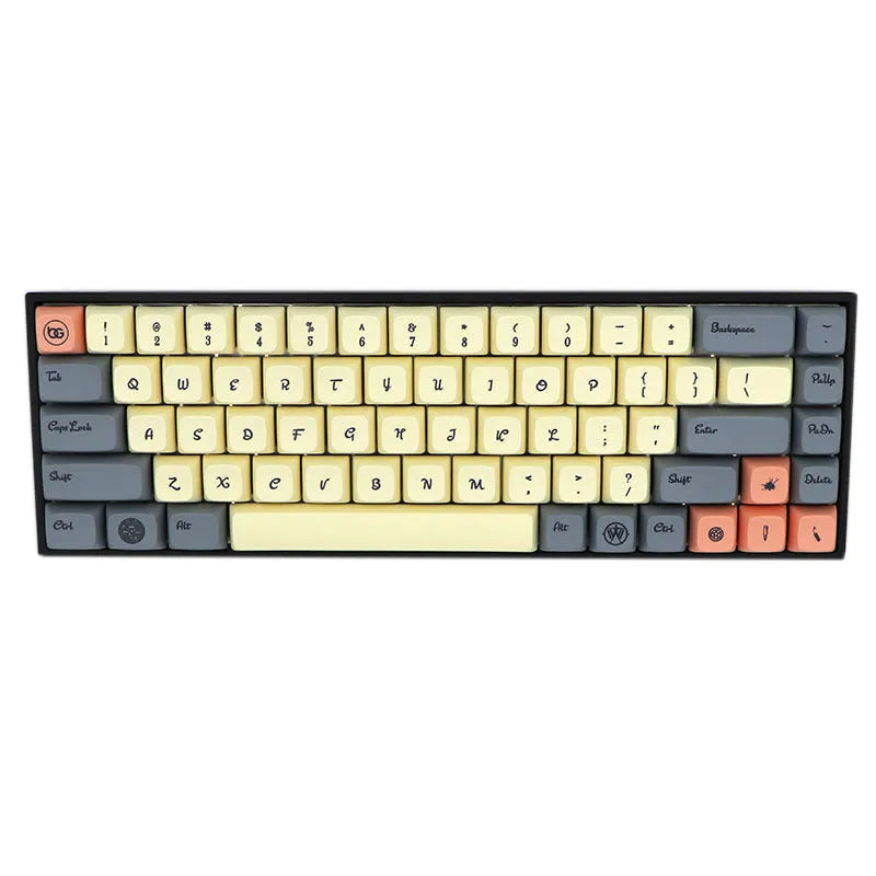 Set of 68 PBT keycaps for mechanical keyboards in various solid colours on a white background
