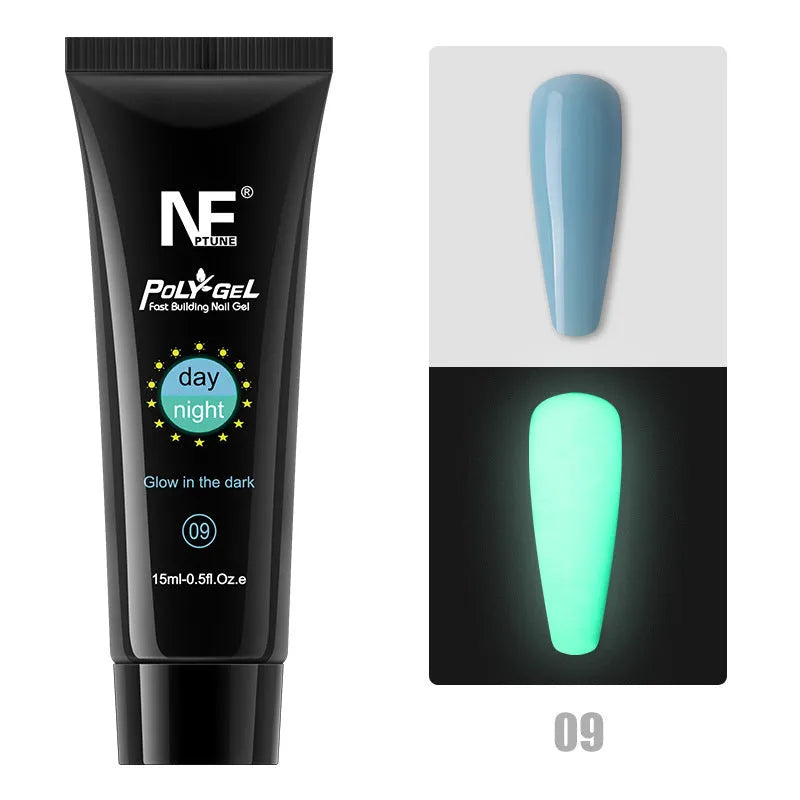 Luminous nail extension gel set with 8 colour options in 15ml bottles, resin-based phototherapy formula