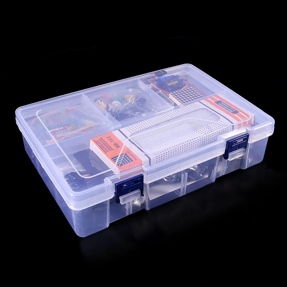 Arduino UNO R3 RFID starter kit with white board, I2C LCD, and various sensor modules in a box