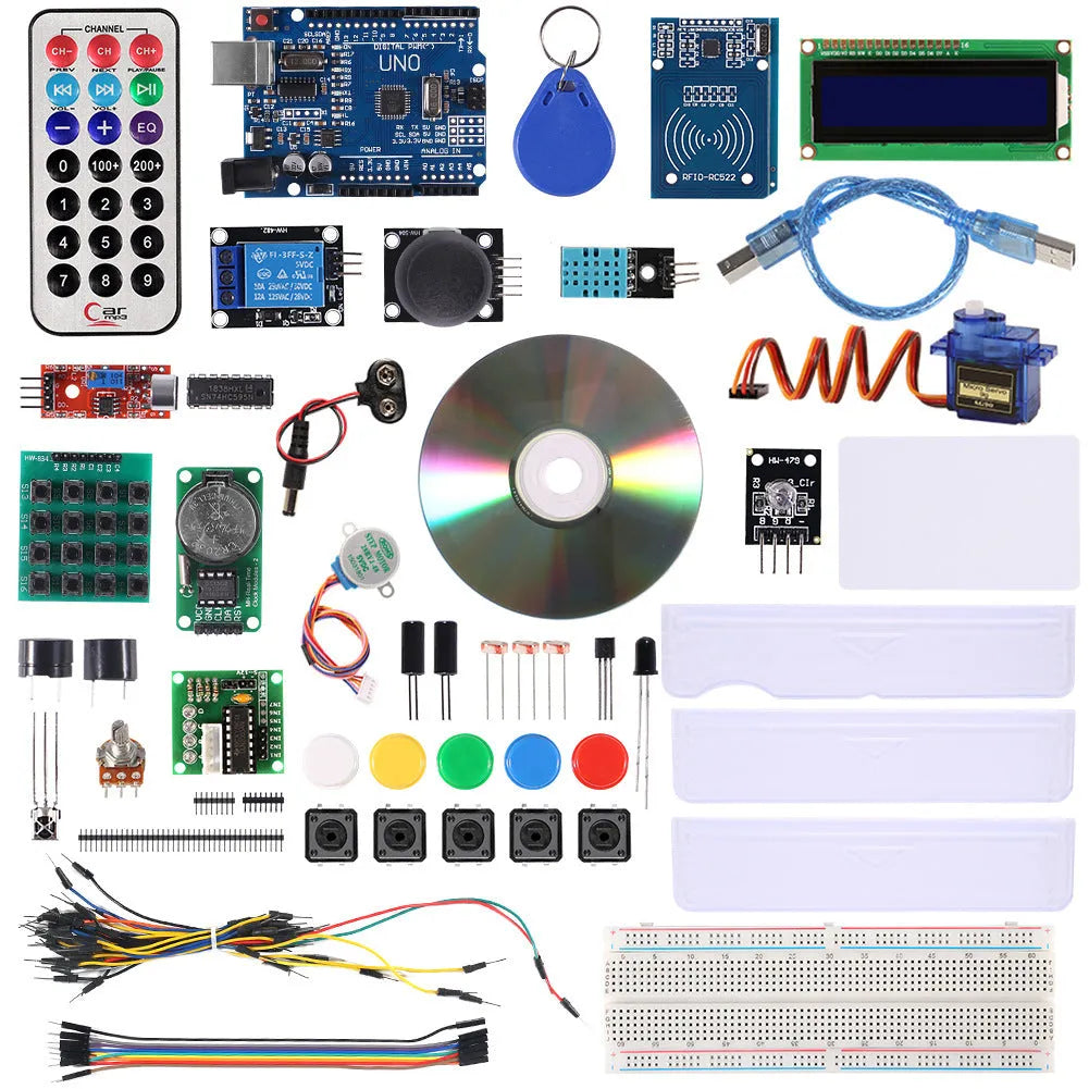 Arduino UNO R3 RFID starter kit with white board, I2C LCD, and various sensor modules in a box