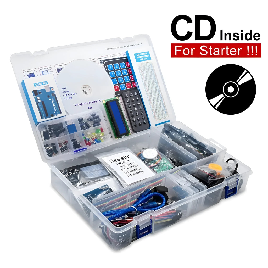 Arduino UNO R3 RFID starter kit with white board, I2C LCD, and various sensor modules in a box