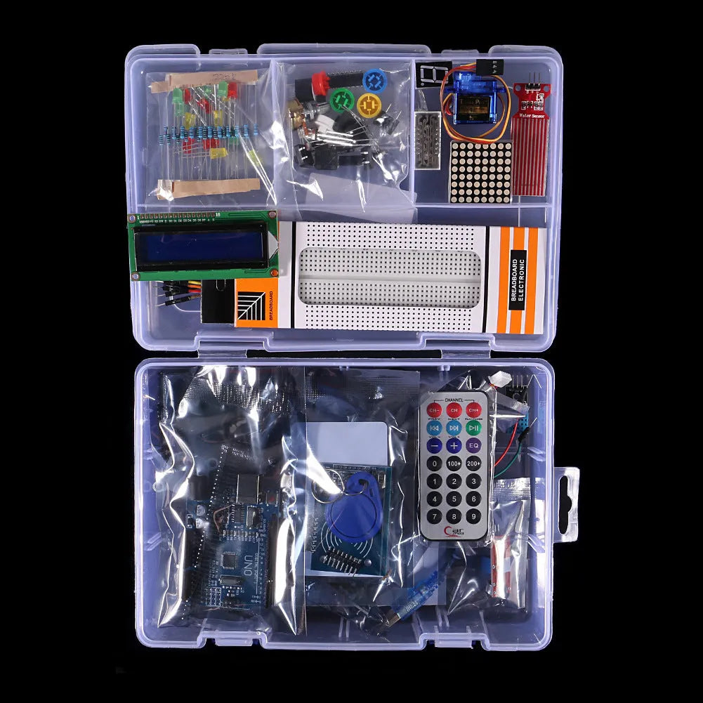 Arduino UNO R3 RFID starter kit with white board, I2C LCD, and various sensor modules in a box