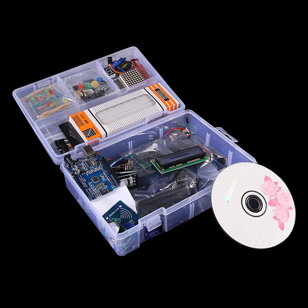 Arduino UNO R3 RFID starter kit with white board, I2C LCD, and various sensor modules in a box