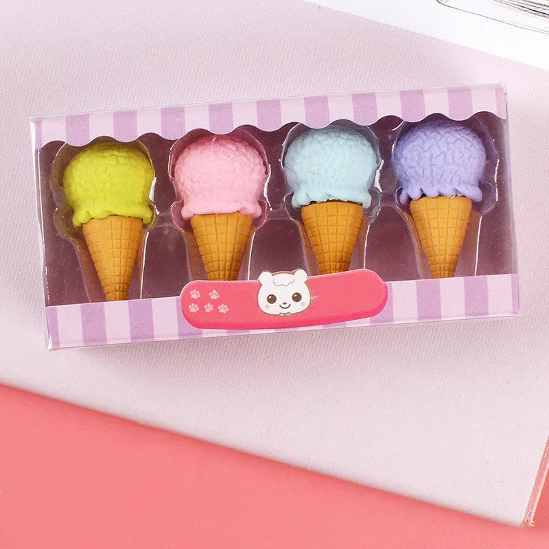 Set of 12 colourful cartoon erasers shaped like ice cream cones, donuts, and lollipops for children.