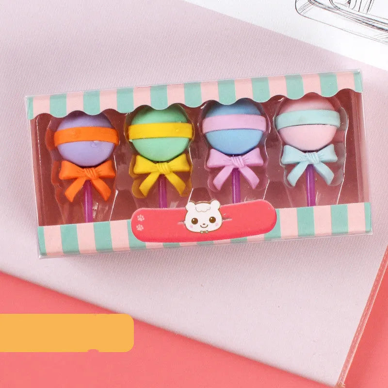 Set of 12 colourful cartoon erasers shaped like ice cream cones, donuts, and lollipops for children.