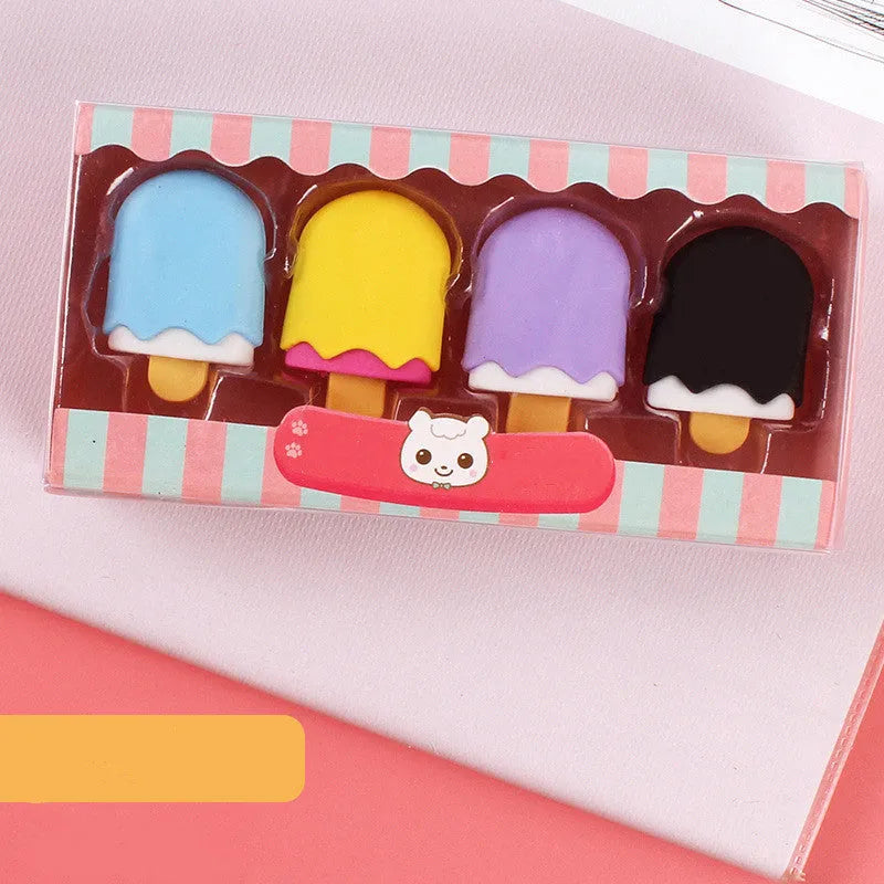 Set of 12 colourful cartoon erasers shaped like ice cream cones, donuts, and lollipops for children.