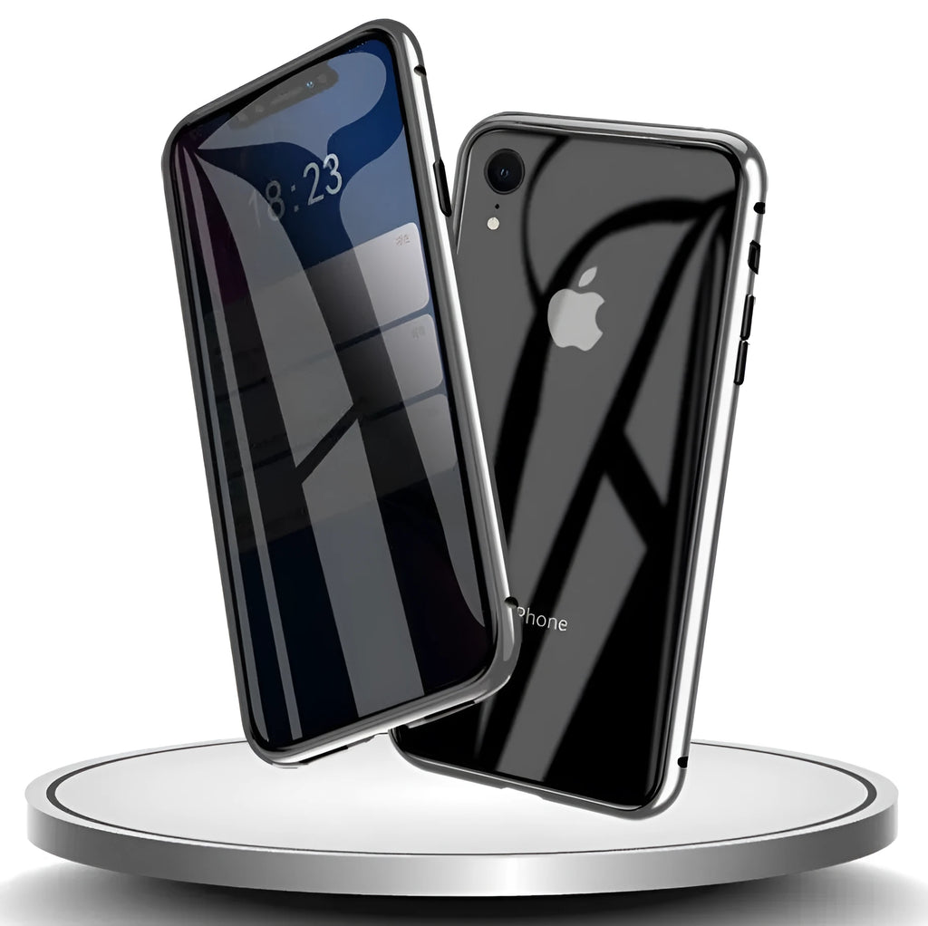 A black glass clamshell phone case for an iPhone with a geometric design and privacy screen.
