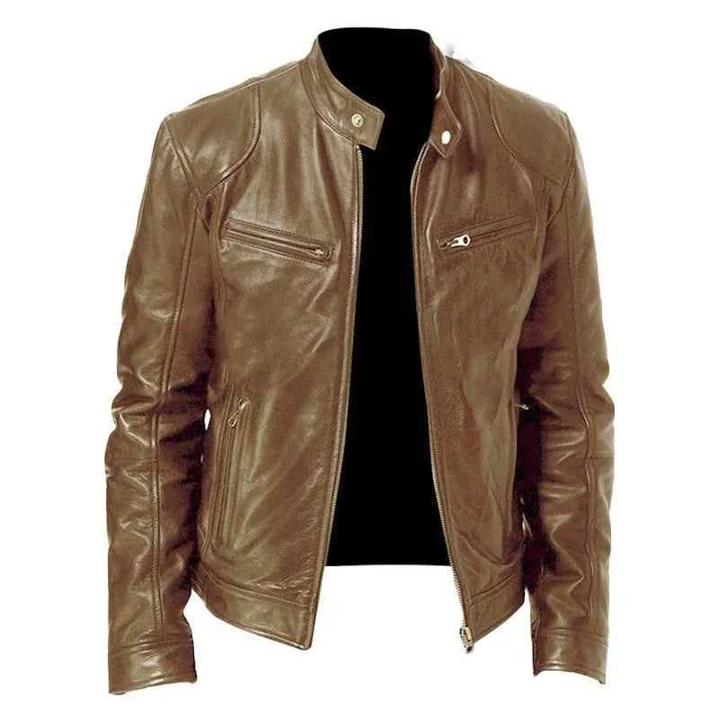 Men's zip-up PU leather jacket with stand collar and pockets in black, loose fit for casual wear