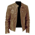Men's zip-up PU leather jacket with stand collar and pockets in black, loose fit for casual wear