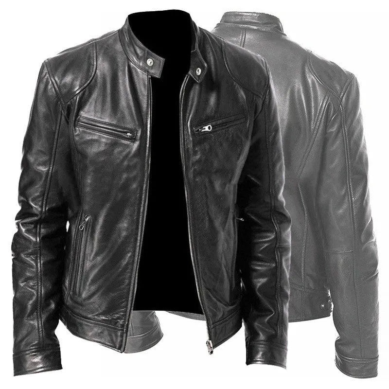 Men's zip-up PU leather jacket with stand collar and pockets in black, loose fit for casual wear