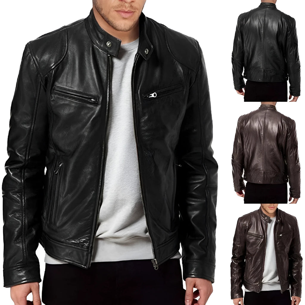 Men's zip-up PU leather jacket with stand collar and pockets in black, loose fit for casual wear
