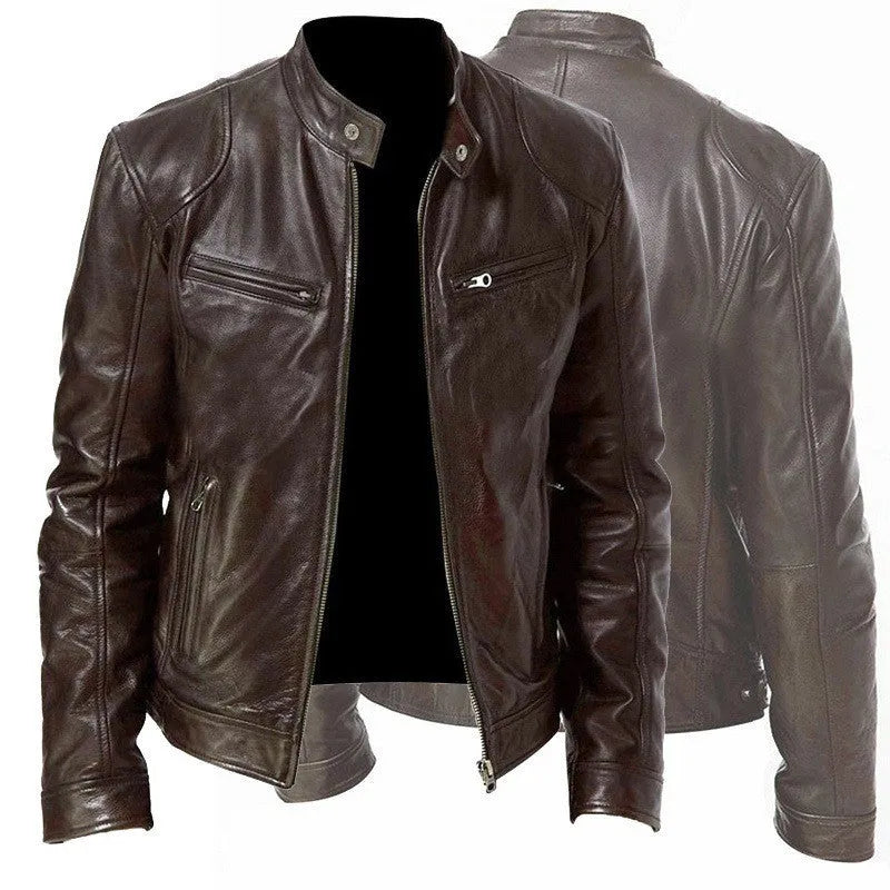 Men's zip-up PU leather jacket with stand collar and pockets in black, loose fit for casual wear