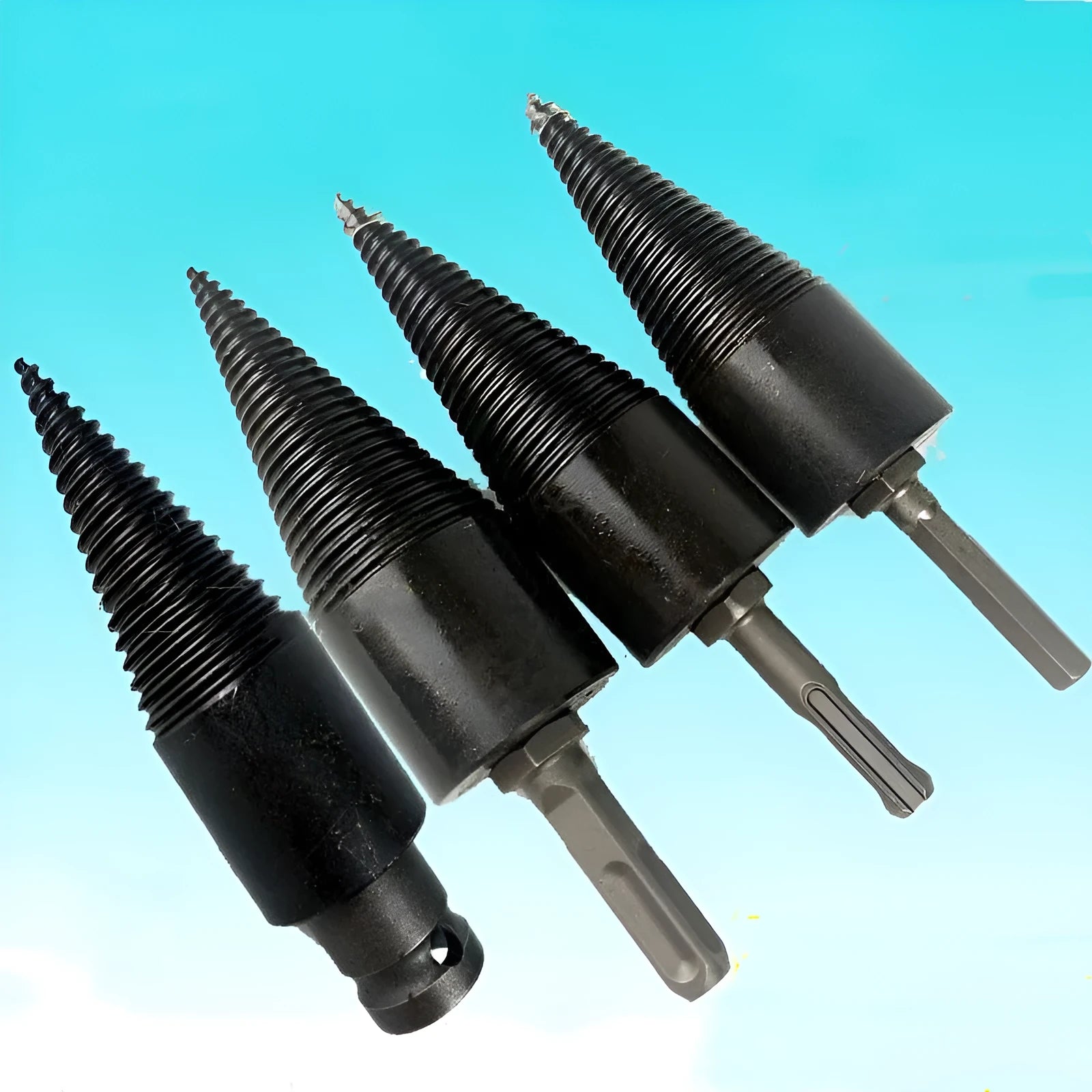 Hexagonal metal firewood splitting drill bit for electric drills, shown in 32mm and 42mm sizes.