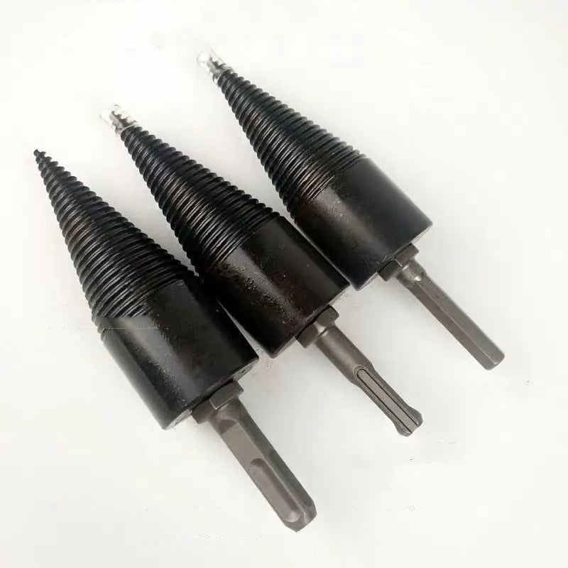 Hexagonal metal firewood splitting drill bit for electric drills, shown in 32mm and 42mm sizes.
