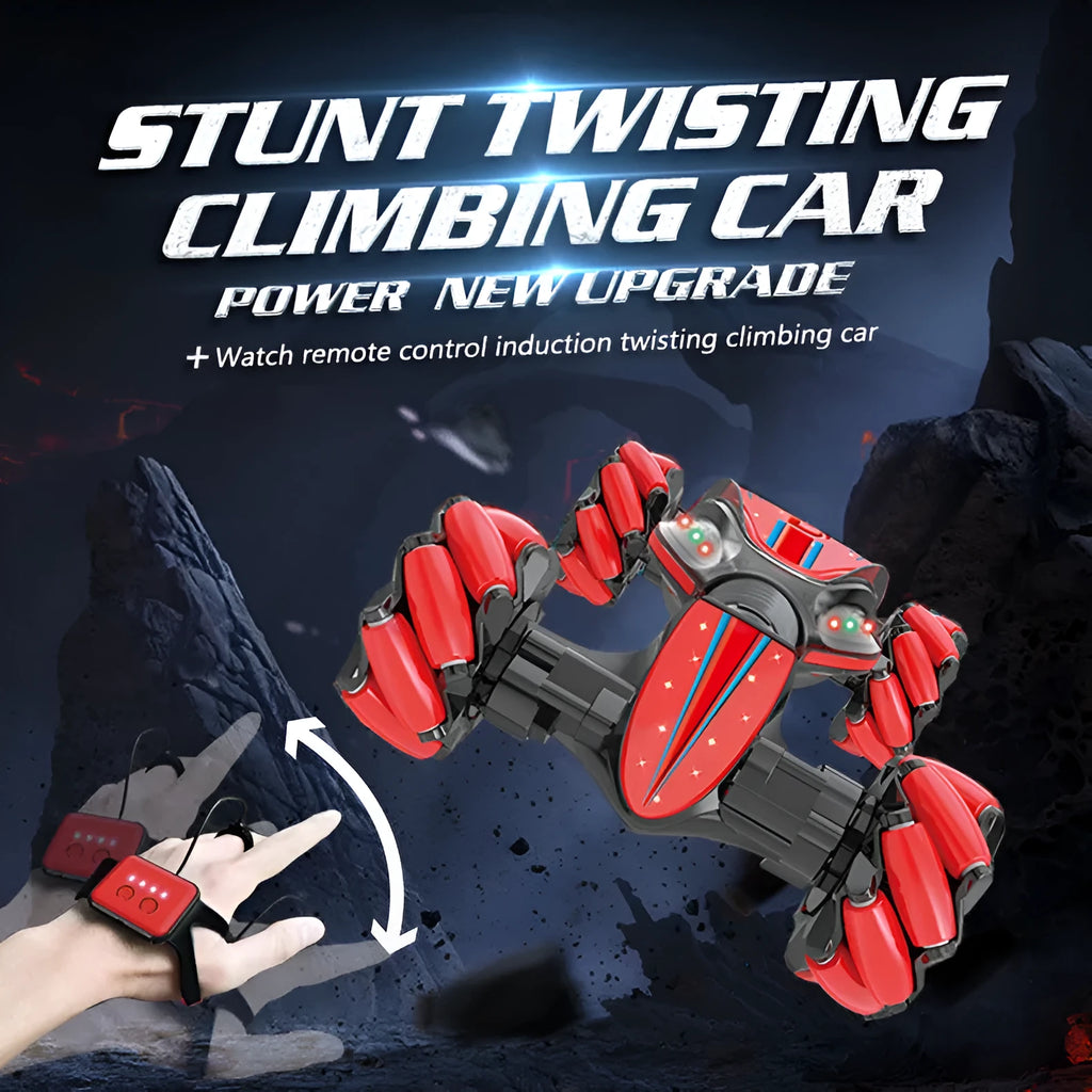 Global Funhood GW124 blue RC stunt car with 4WD, Bionic Spine body, and gesture control watch remote on gravel