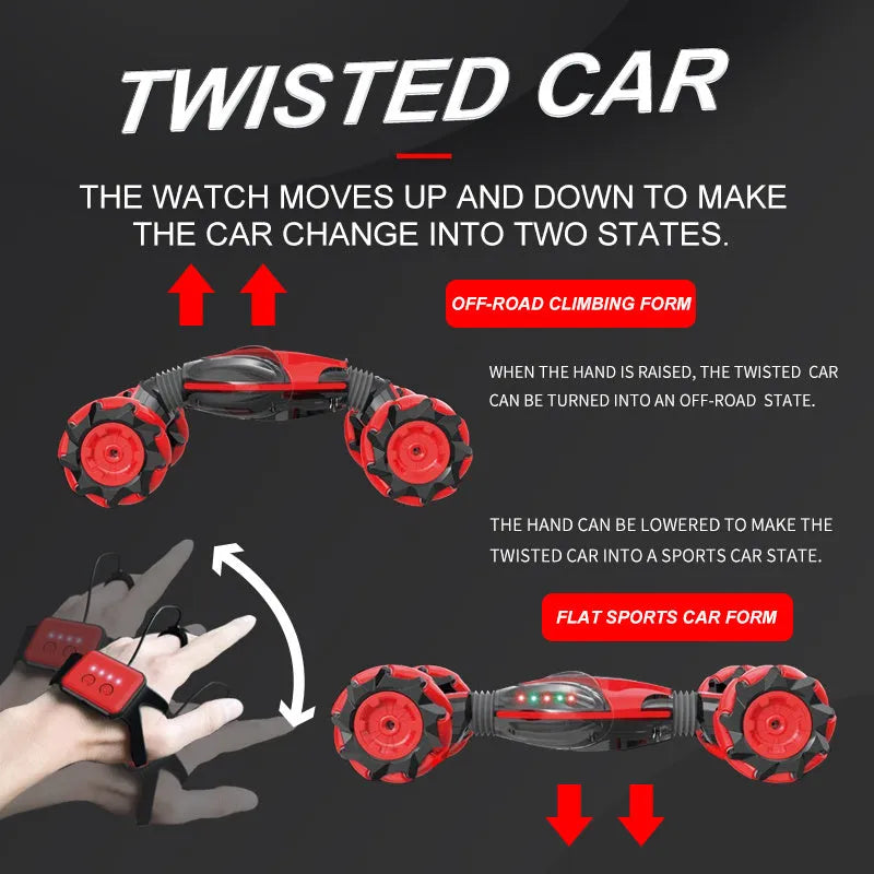 Global Funhood GW124 blue RC stunt car with 4WD, Bionic Spine body, and gesture control watch remote on gravel