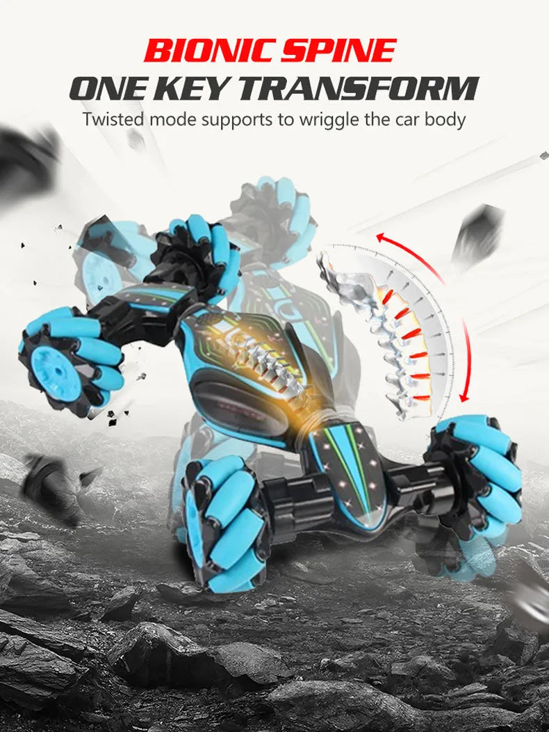 Global Funhood GW124 blue RC stunt car with 4WD, Bionic Spine body, and gesture control watch remote on gravel