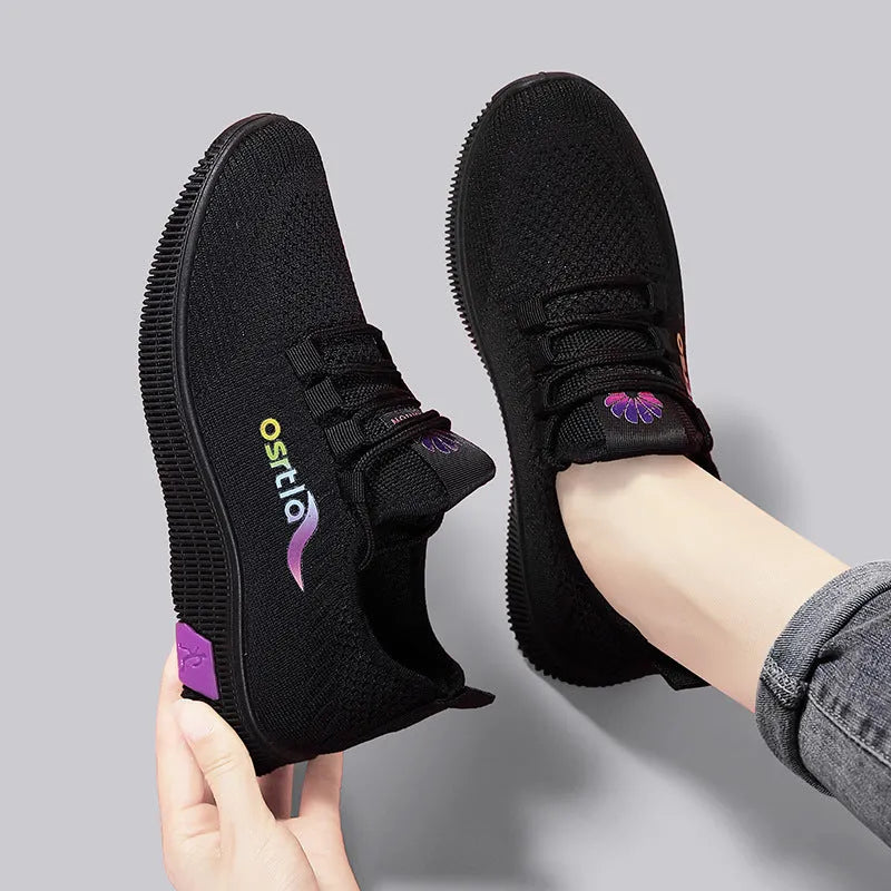 Ladies flying weave casual shoes pointed toe flat heel black and red Korean style spring women's sneakers