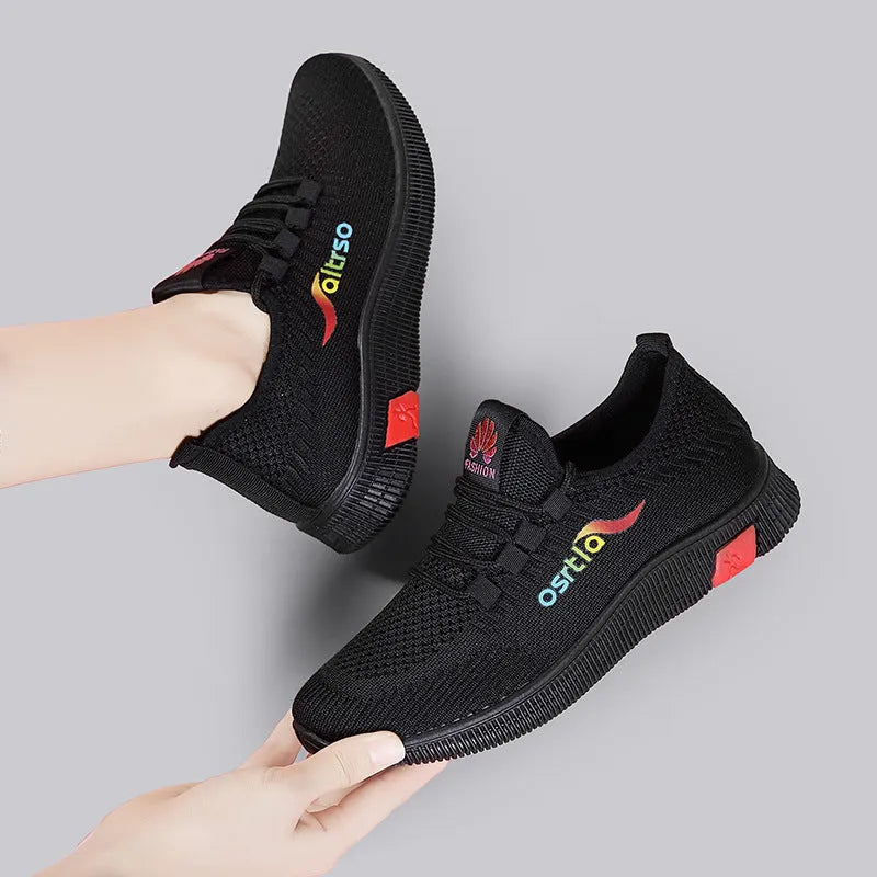 Ladies flying weave casual shoes pointed toe flat heel black and red Korean style spring women's sneakers