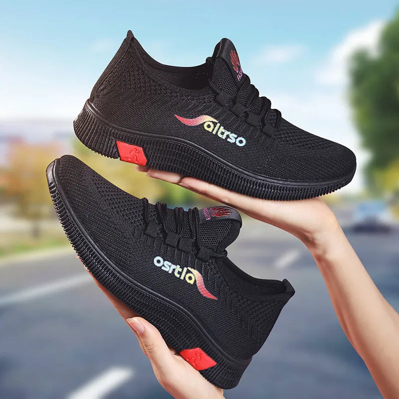Ladies flying weave casual shoes pointed toe flat heel black and red Korean style spring women's sneakers
