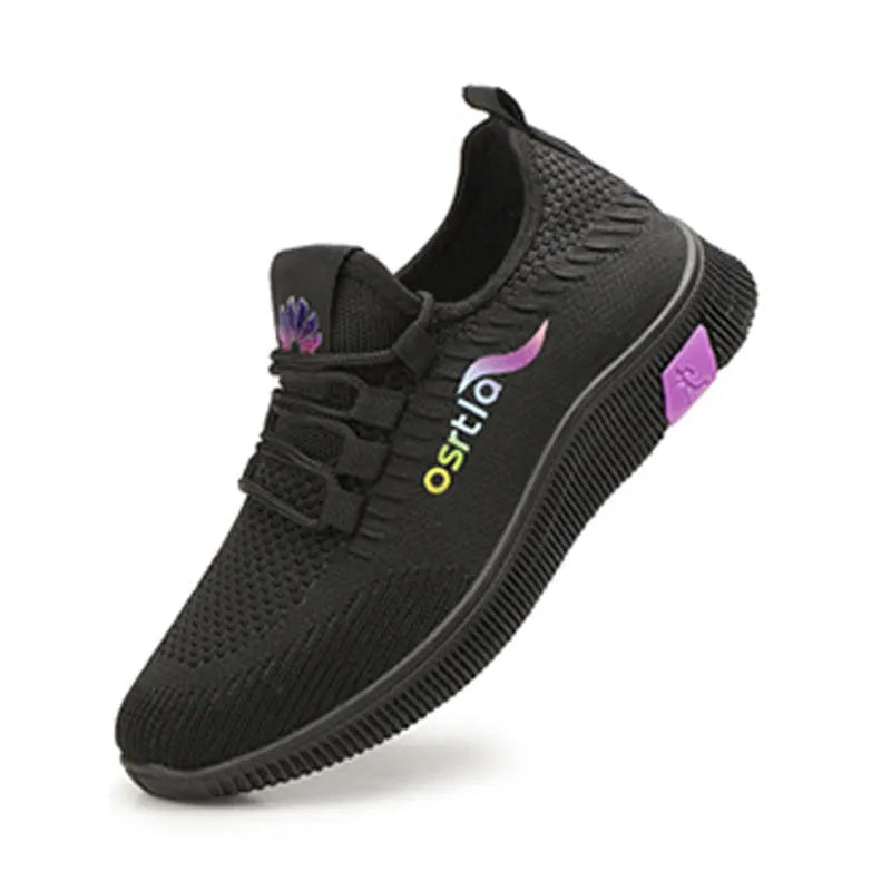 Ladies flying weave casual shoes pointed toe flat heel black and red Korean style spring women's sneakers