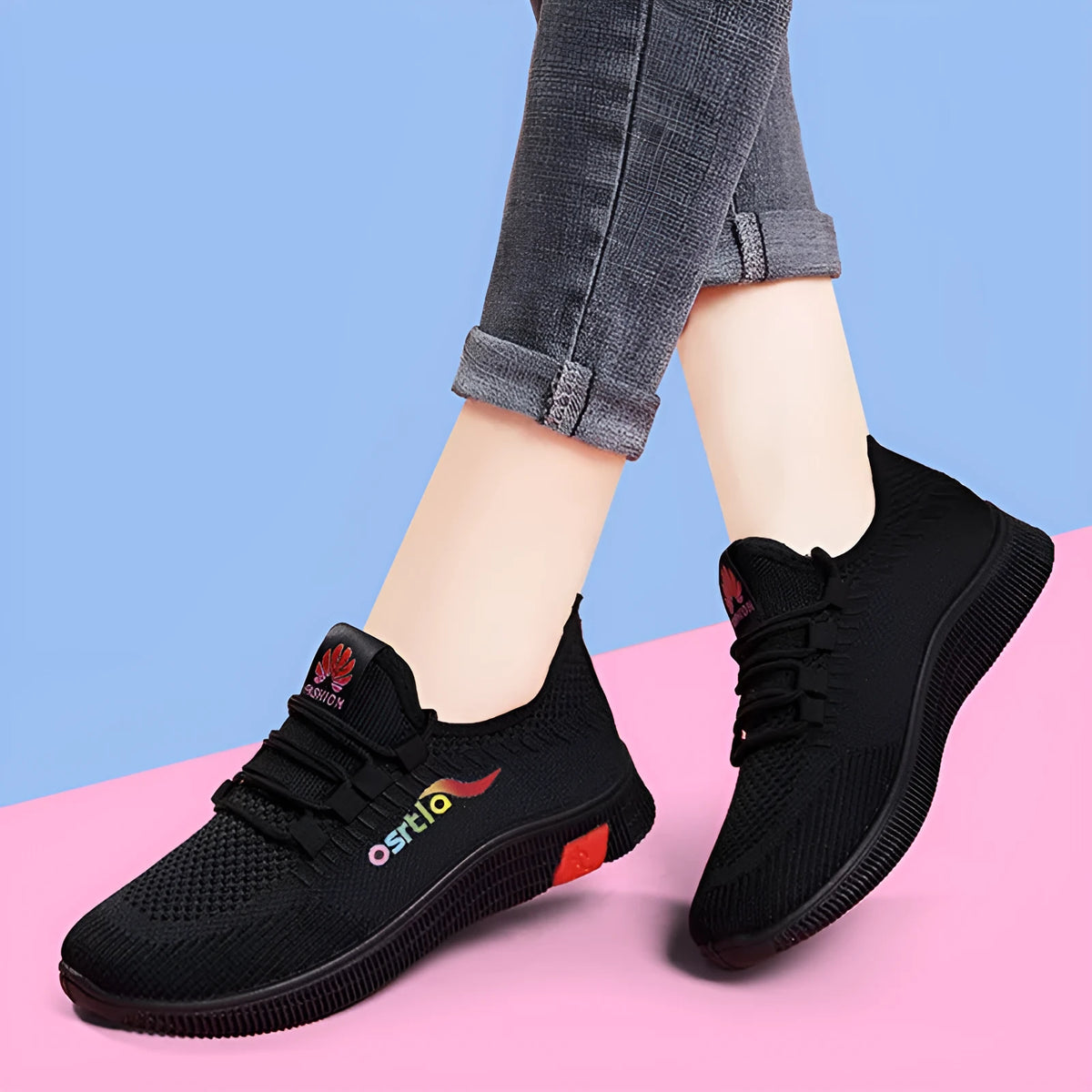 Ladies flying weave casual shoes pointed toe flat heel black and red Korean style spring women's sneakers