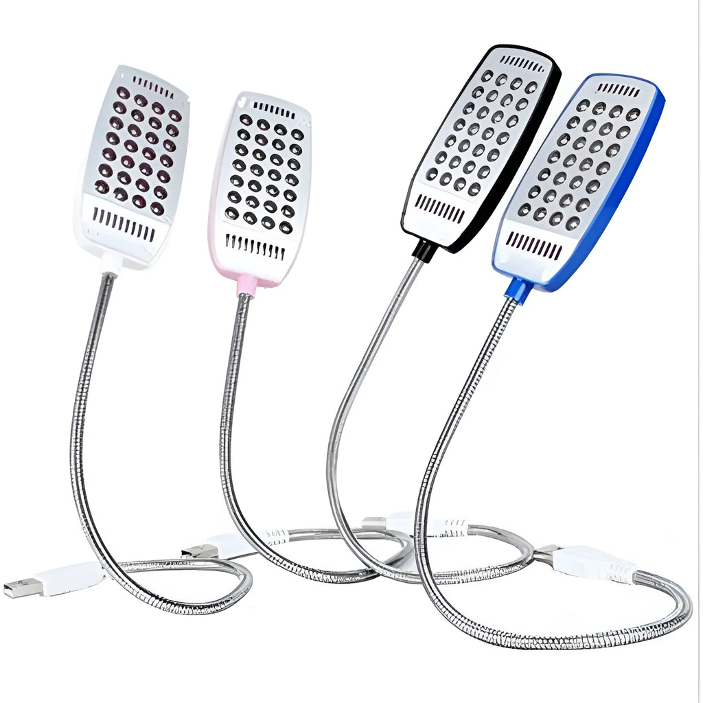 USB flexible gooseneck LED reading lamp in black, white, blue, or pink colours