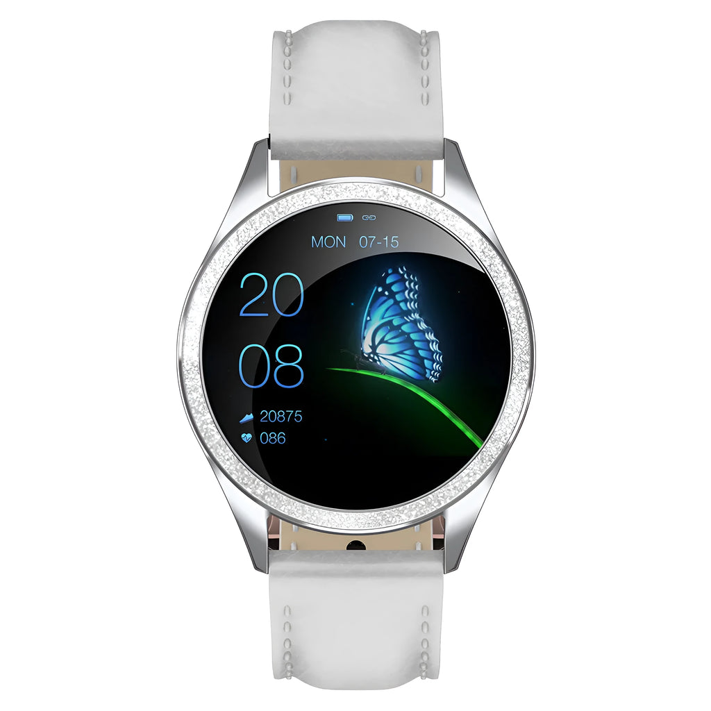 Silver smart bracelet watch with 1.04-inch touchscreen on a wrist, showing a menstrual tracker display.