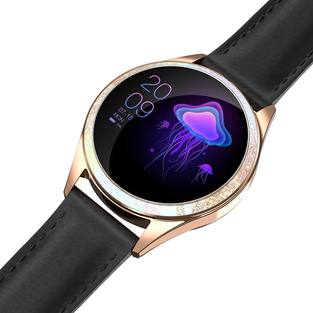 Silver smart bracelet watch with 1.04-inch touchscreen on a wrist, showing a menstrual tracker display.