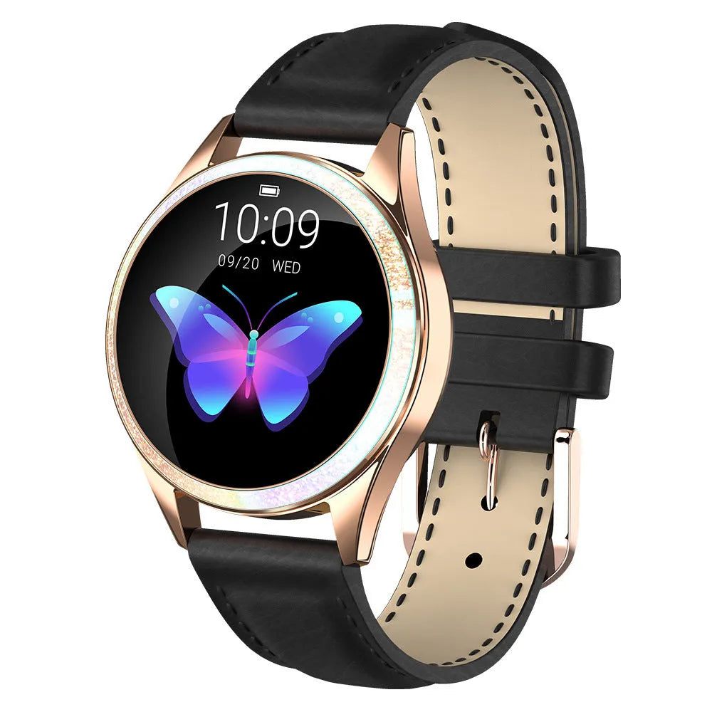 Silver smart bracelet watch with 1.04-inch touchscreen on a wrist, showing a menstrual tracker display.