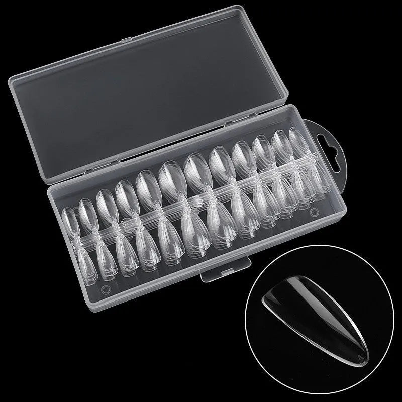 Ultra-thin seamless press-on nail art box with 240 pieces in eight styles including French and ballet