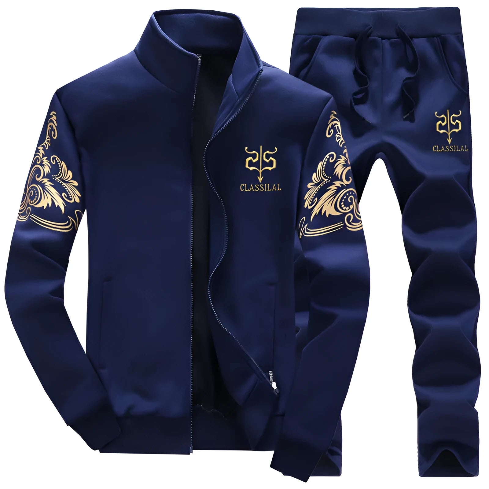 Men's slim fit tracksuit set with zippered jacket and pants in black, side view