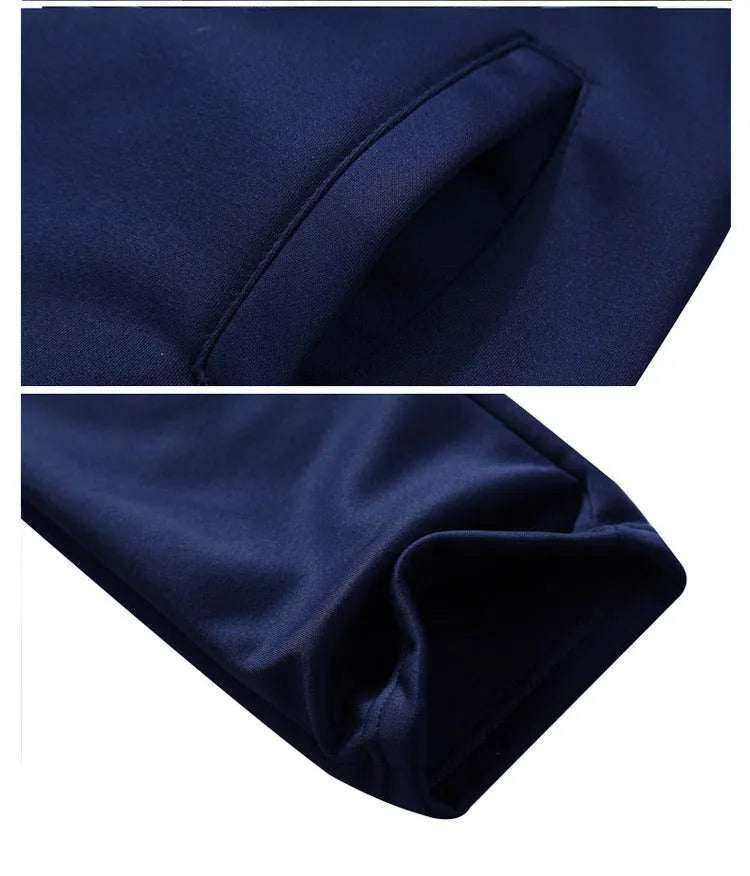 Men's slim fit tracksuit set with zippered jacket and pants in black, side view