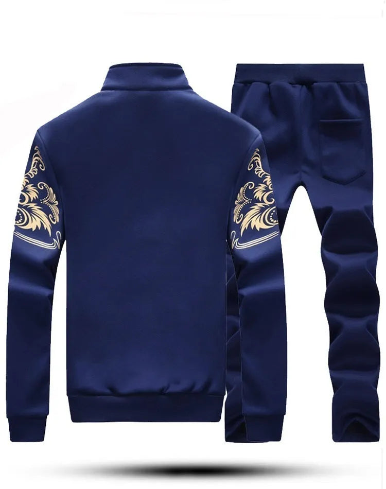 Men's slim fit tracksuit set with zippered jacket and pants in black, side view