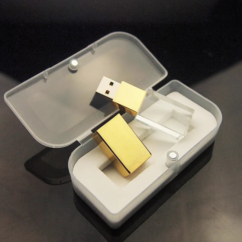 Crystal glass USB flash drive with stainless steel shell, USB 2.0, available in gold, rose gold, and silver finishes