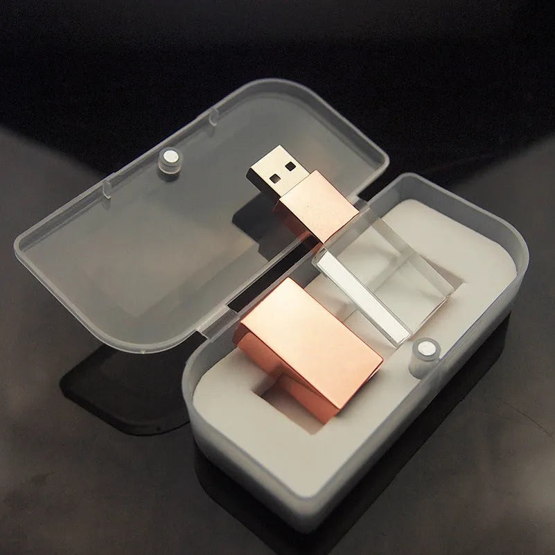 Crystal glass USB flash drive with stainless steel shell, USB 2.0, available in gold, rose gold, and silver finishes