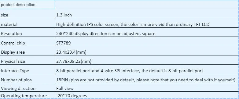 1.3 inch square IPS LCD display module with 240x240 resolution and 18-pin connector