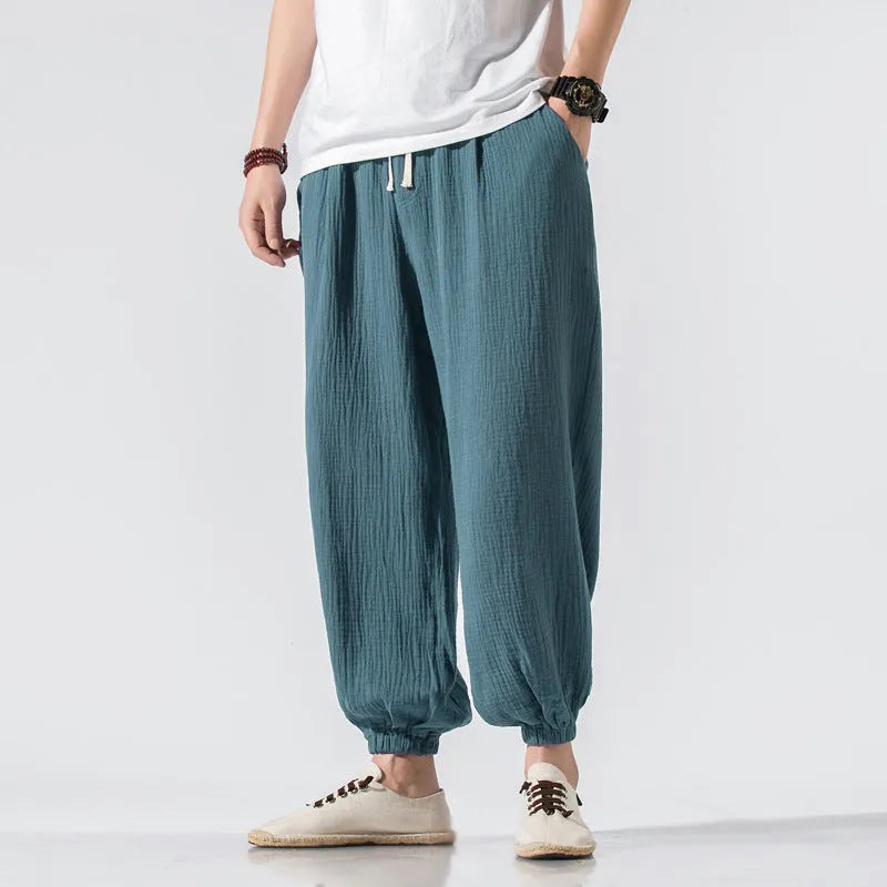 Men's plus size loose fit harem pants in polyester fibre, mid-waist, plain colour, small foot style